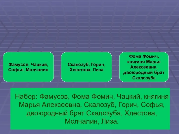 Набор: Фамусов, Фома Фомич, Чацкий, княгиня Марья Алексеевна, Скалозуб, Горич,