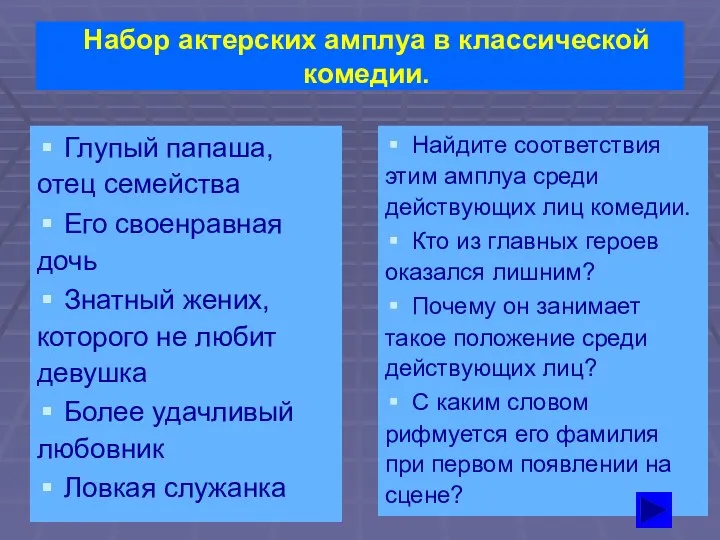 Набор актерских амплуа в классической комедии. Глупый папаша, отец семейства