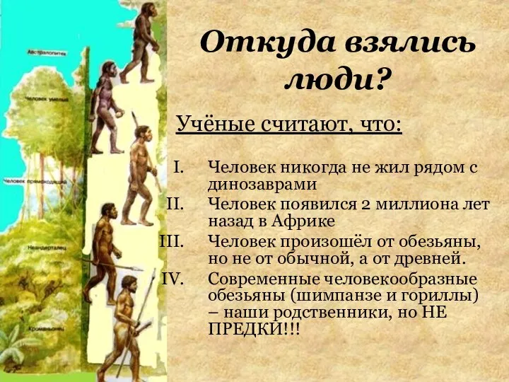 Откуда взялись люди? Учёные считают, что: Человек никогда не жил рядом с динозаврами