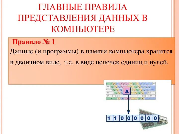 ГЛАВНЫЕ ПРАВИЛА ПРЕДСТАВЛЕНИЯ ДАННЫХ В КОМПЬЮТЕРЕ Правило № 1 Данные