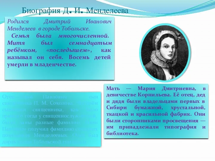 Биография Д. И. Менделеева Мать — Мария Дмитриевна, в девичестве Корнильева. Её отец,