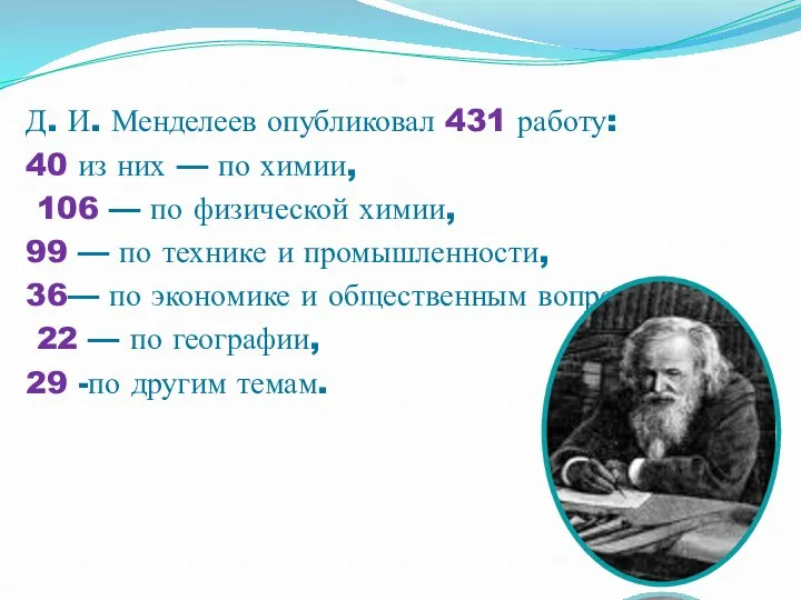 Д. И. Менделеев опубликовал 431 работу: 40 из них — по химии, 106