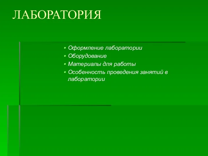 ЛАБОРАТОРИЯ Оформление лаборатории Оборудование Материалы для работы Особенность проведения занятий в лаборатории