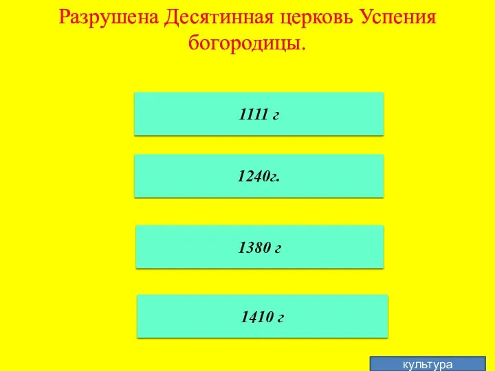 Разрушена Десятинная церковь Успения богородицы. 1240г. 1111 г 1380 г 1410 г культура