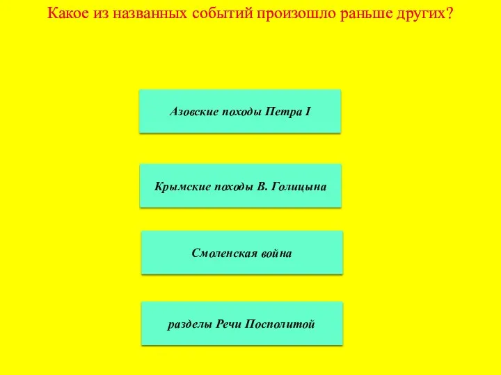 Какое из названных событий произошло раньше других? Смоленская война Азовские