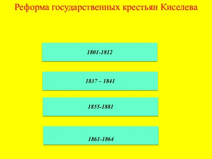 Реформа государственных крестьян Киселева 1801-1812 1837 – 1841 1855-1881 1861-1864