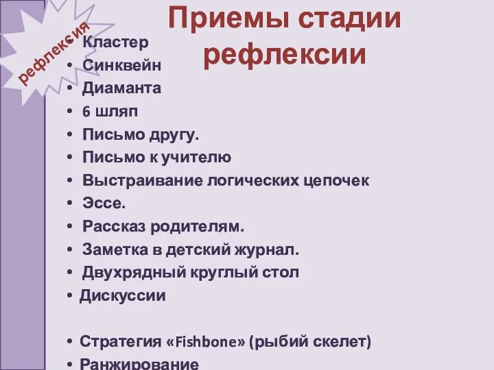 Приемы стадии рефлексии Кластер Синквейн Диаманта 6 шляп Письмо другу. Письмо к учителю