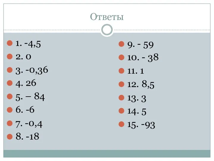 Ответы 1. -4,5 2. 0 3. -0,36 4. 26 5. – 84 6.