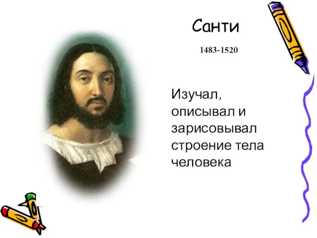 Санти 1483-1520 Изучал, описывал и зарисовывал строение тела человека