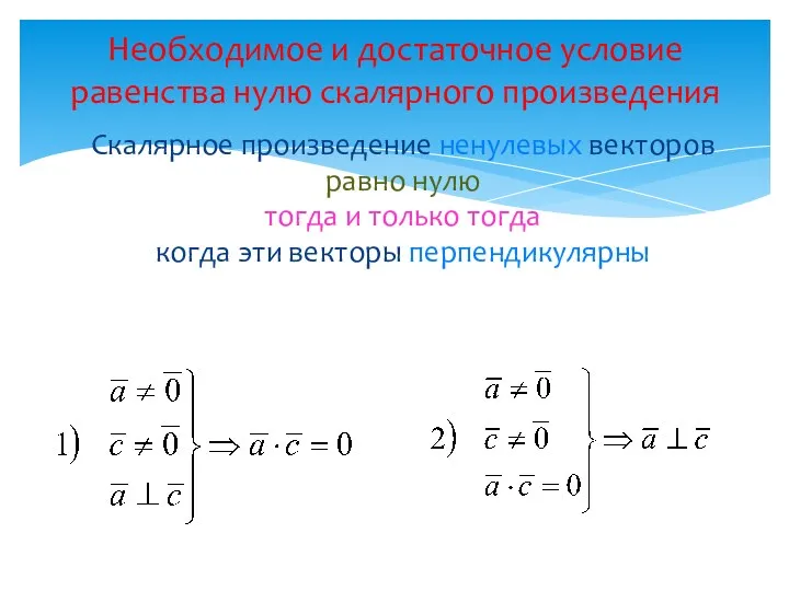Необходимое и достаточное условие равенства нулю скалярного произведения Скалярное произведение ненулевых векторов равно