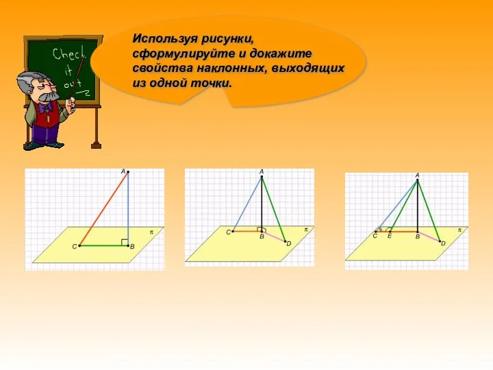 Используя рисунки, сформулируйте и докажите свойства наклонных, выходящих из одной точки.