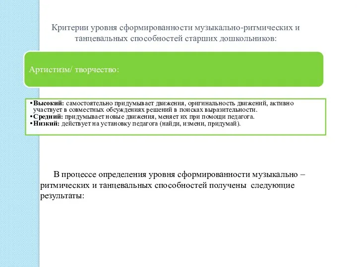 Критерии уровня сформированности музыкально-ритмических и танцевальных способностей старших дошкольников: В