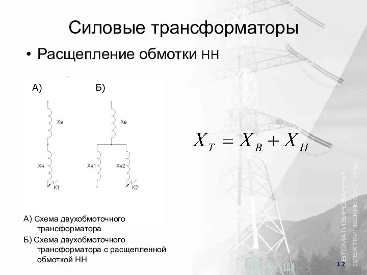 Силовые трансформаторы А) Б) A) Схема двухобмоточного трансформатора Б) Схема двухобмоточного трансформатора с