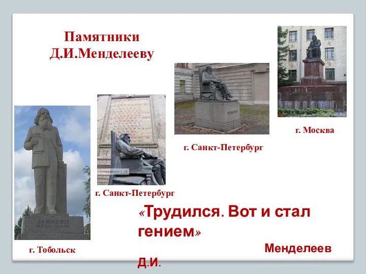 Памятники Д.И.Менделееву «Трудился. Вот и стал гением» Менделеев Д.И. г.