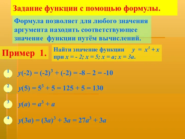 Задание функции с помощью формулы. Формула позволяет для любого значения