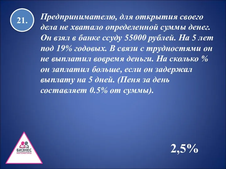 21. Предпринимателю, для открытия своего дела не хватало определенной суммы