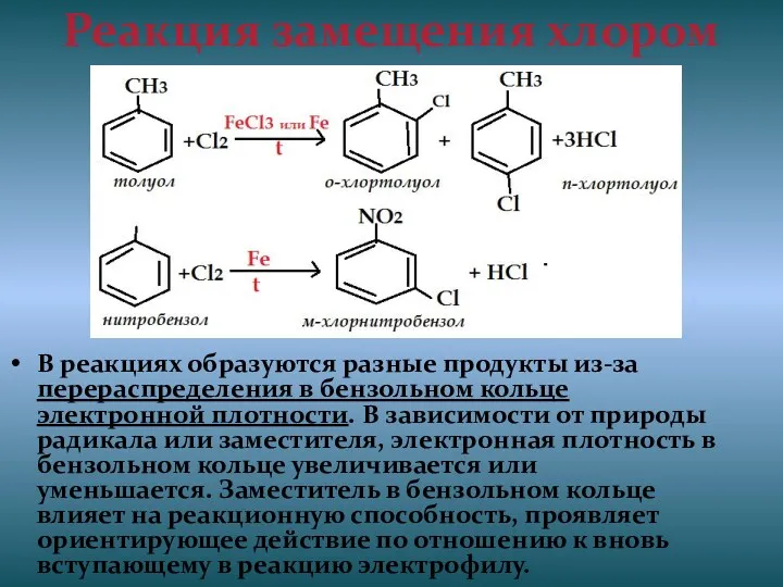 Реакция замещения хлором В реакциях образуются разные продукты из-за перераспределения