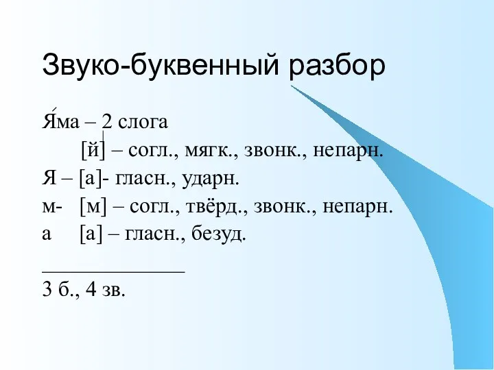 Звуко-буквенный разбор Яма – 2 слога [й] – согл., мягк.,