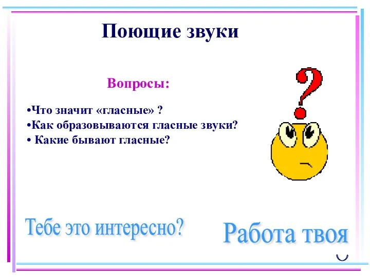 Поющие звуки Вопросы: Что значит «гласные» ? Как образовываются гласные