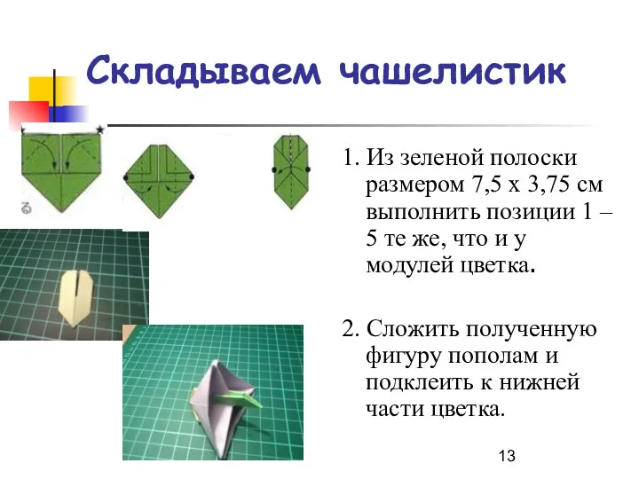 Складываем чашелистик 1. Из зеленой полоски размером 7,5 х 3,75