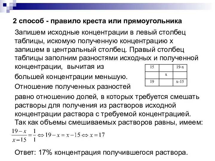 2 способ - правило креста или прямоугольника Запишем исходные концентрации