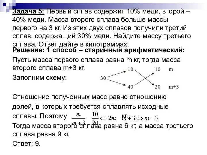 Задача 5: Первый сплав содержит 10% меди, второй – 40% меди. Масса второго