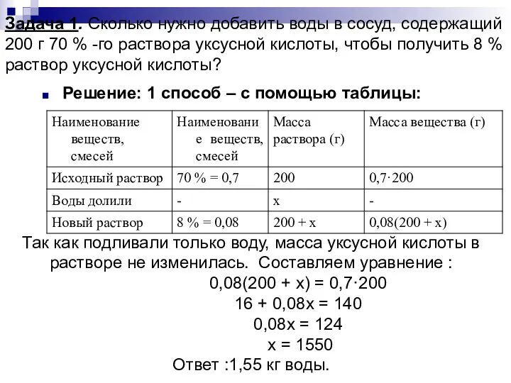 Задача 1. Сколько нужно добавить воды в сосуд, содержащий 200