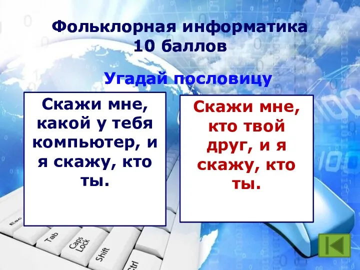 Фольклорная информатика 10 баллов Угадай пословицу Скажи мне, какой у