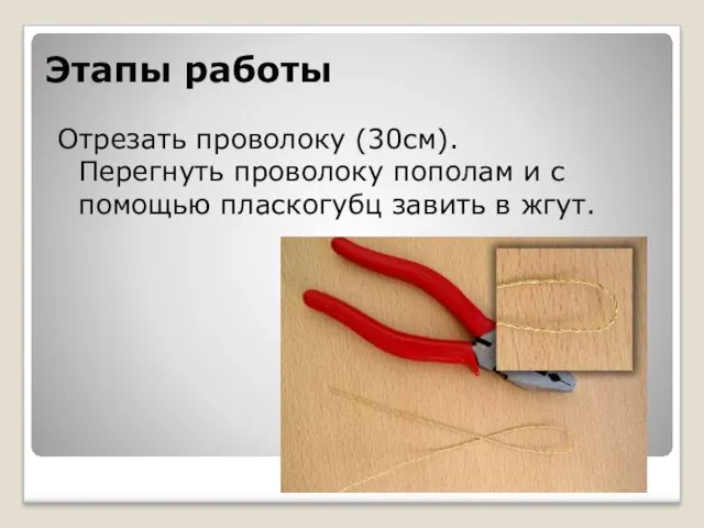 Этапы работы Отрезать проволоку (30см). Перегнуть проволоку пополам и с помощью пласкогубц завить в жгут.