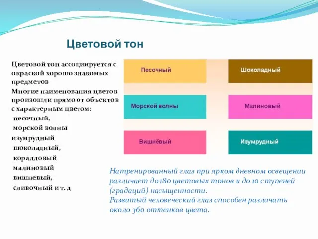 Цветовой тон Цветовой тон ассоциируется с окраской хорошо знакомых предметов