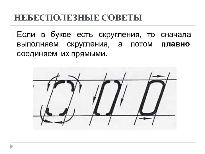 НЕБЕСПОЛЕЗНЫЕ СОВЕТЫ Если в букве есть скругления, то сначала выполняем