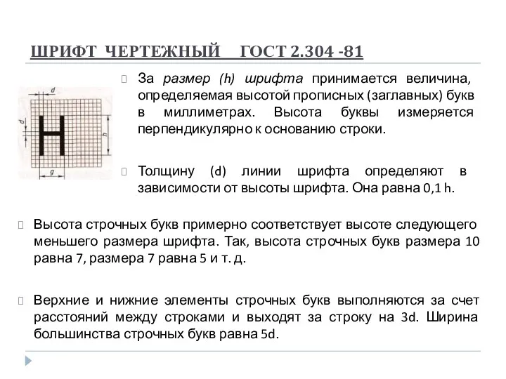 ШРИФТ ЧЕРТЕЖНЫЙ ГОСТ 2.304 -81 За размер (h) шрифта принимается