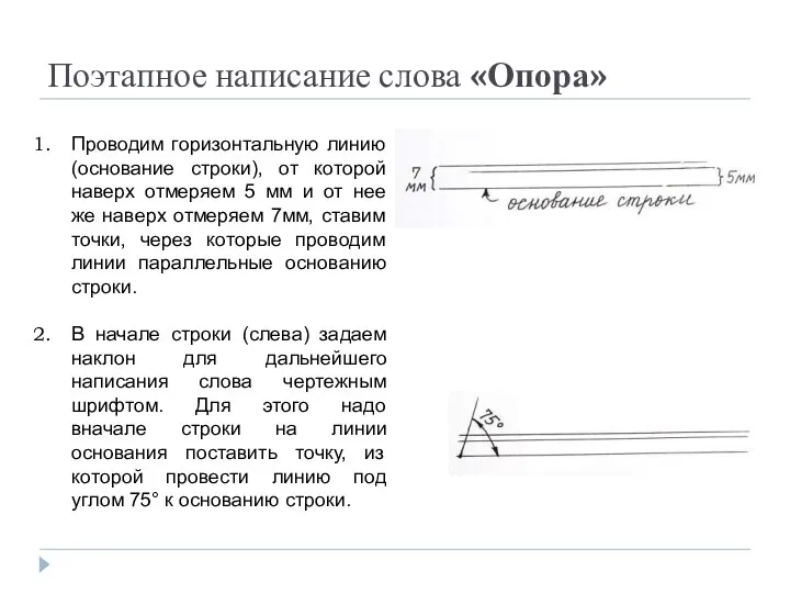 Поэтапное написание слова «Опора» Проводим горизонтальную линию (основание строки), от