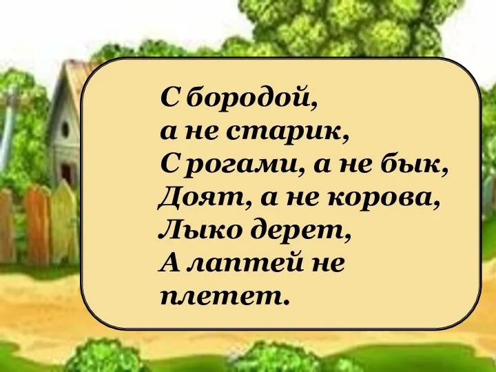 С бородой, а не старик, С рогами, а не бык,