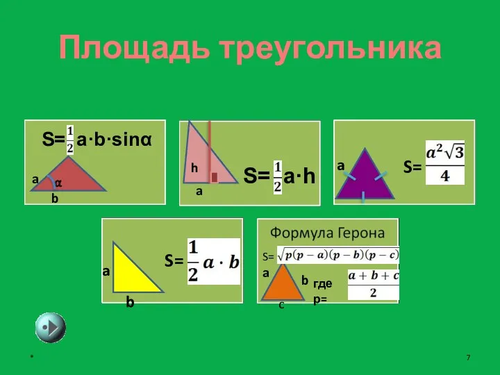 Площадь треугольника α a b S= a·b·sinα h a S=