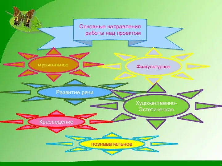 Основные направления работы над проектом музыкальное Физкультурное Развитие речи Художественно-Эстетическое Краеведение познавательное