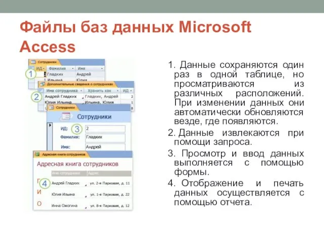 Файлы баз данных Microsoft Access 1. Данные сохраняются один раз в одной таблице,
