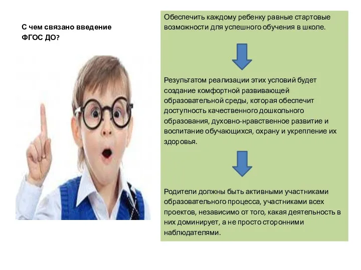 С чем связано введение ФГОС ДО? Обеспечить каждому ребенку равные