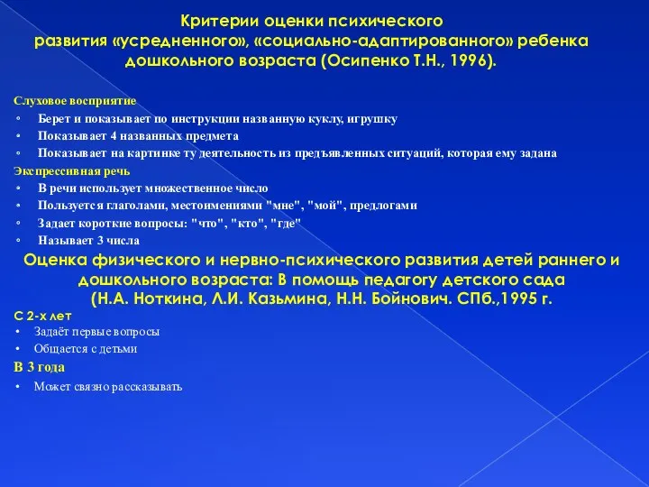 Критерии оценки психического развития «усредненного», «социально-адаптированного» ребенка дошкольного возраста (Осипенко Т.Н., 1996). Слуховое