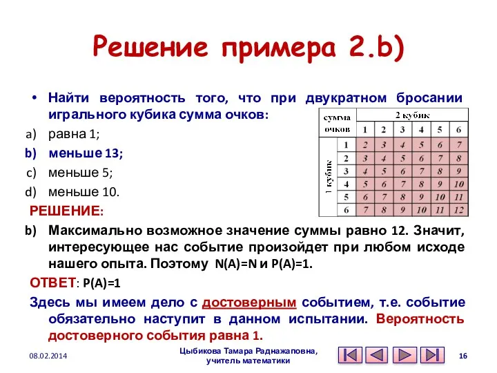 Решение примера 2.b) Найти вероятность того, что при двукратном бросании игрального кубика сумма
