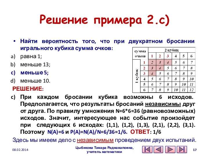 Решение примера 2.c) Найти вероятность того, что при двукратном бросании игрального кубика сумма