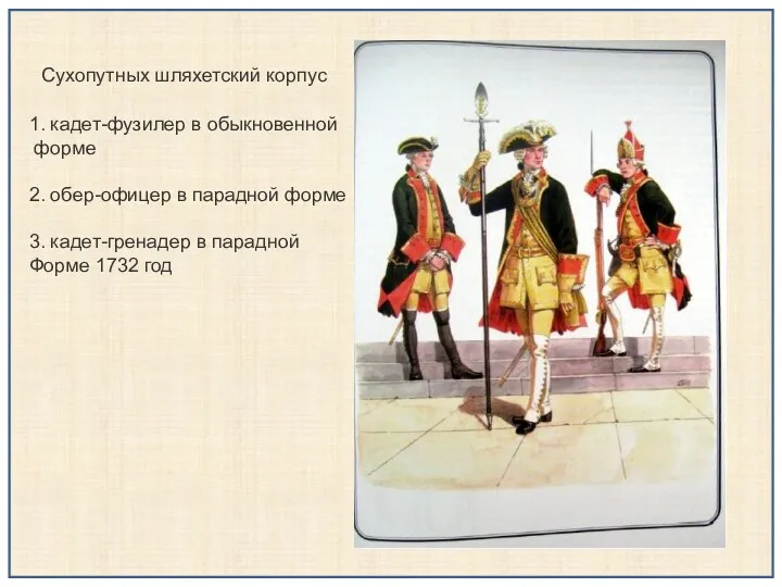 Сухопутных шляхетский корпус 1. кадет-фузилер в обыкновенной форме 2. обер-офицер в парадной форме