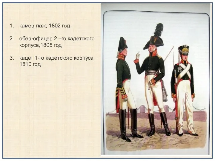камер-паж, 1802 год обер-офицер 2 –го кадетского корпуса,1805 год кадет 1-го кадетского корпуса, 1810 год