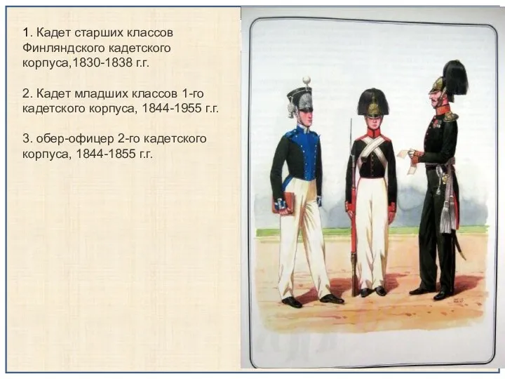 1. Кадет старших классов Финляндского кадетского корпуса,1830-1838 г.г. 2. Кадет младших классов 1-го