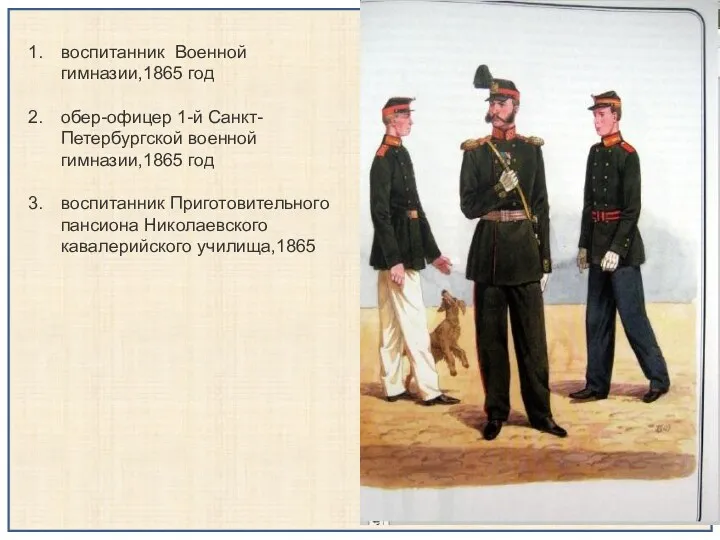 воспитанник Военной гимназии,1865 год обер-офицер 1-й Санкт-Петербургской военной гимназии,1865 год воспитанник Приготовительного пансиона Николаевского кавалерийского училища,1865