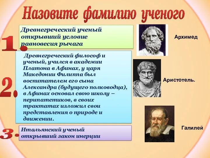 Древнегреческий ученый открывший условие равновесия рычага Итальянский ученый открывший закон