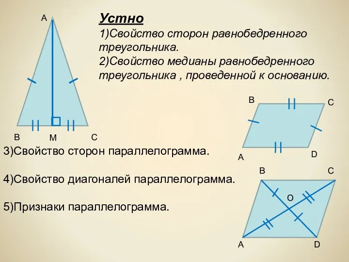 Устно 1)Свойство сторон равнобедренного треугольника. 2)Свойство медианы равнобедренного треугольника , проведенной к основанию.