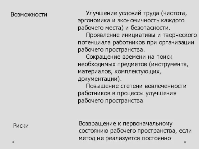 Возможности Улучшение условий труда (чистота, эргономика и экономичность каждого рабочего