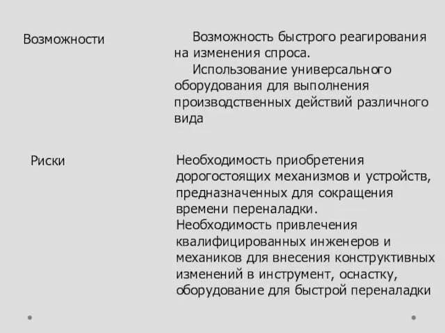 Возможности Возможность быстрого реагирования на изменения спроса. Использование универсального оборудования