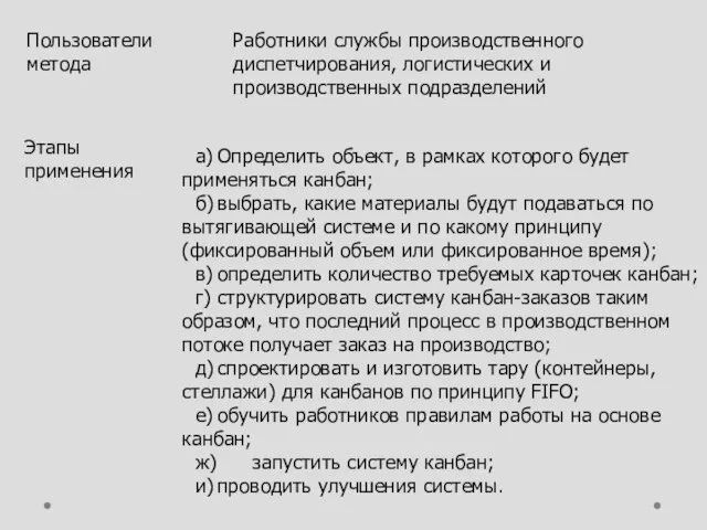 Пользователи метода Работники службы производственного диспетчирования, логистических и производственных подразделений